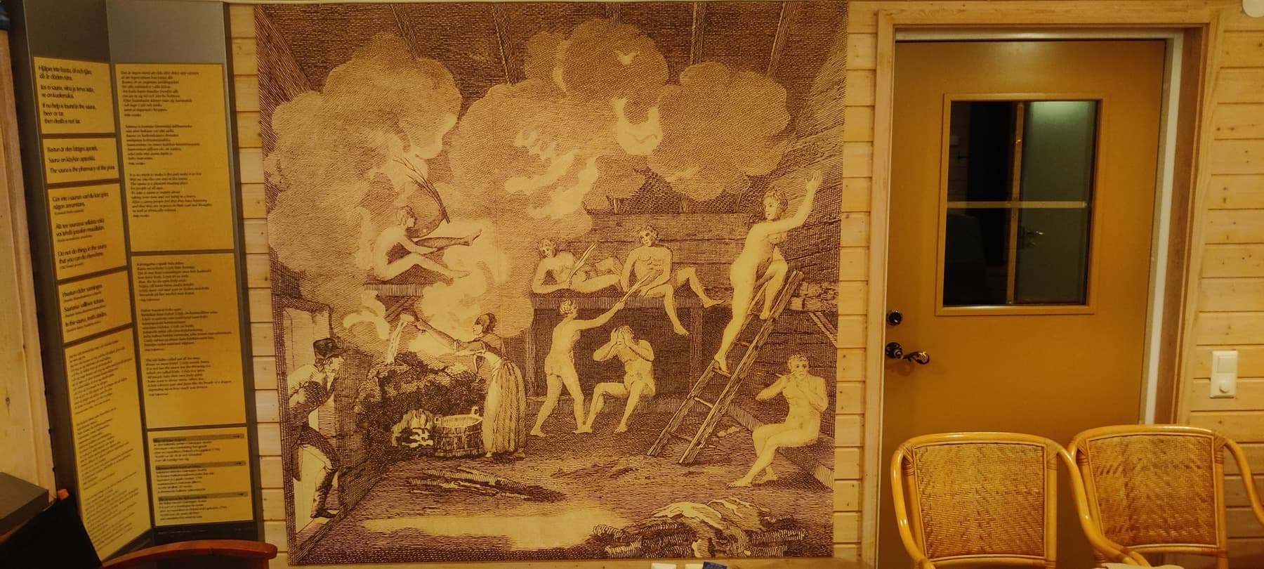 Väggmålning på bastumuseet: en historisk rökbastuscen.